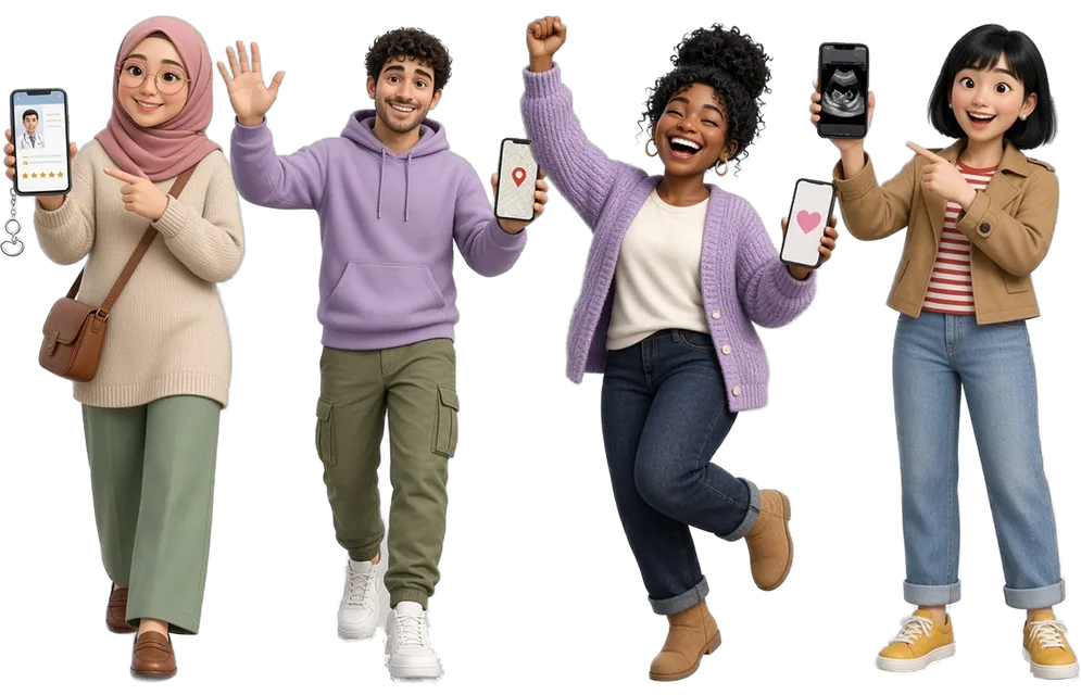 Four of the BumpBuddy crew side by side, each holding a phone: a woman in a rose pink hijab, a man in a lavender hoodie waving, a woman with a curly bun cheering, and a woman with a black bob