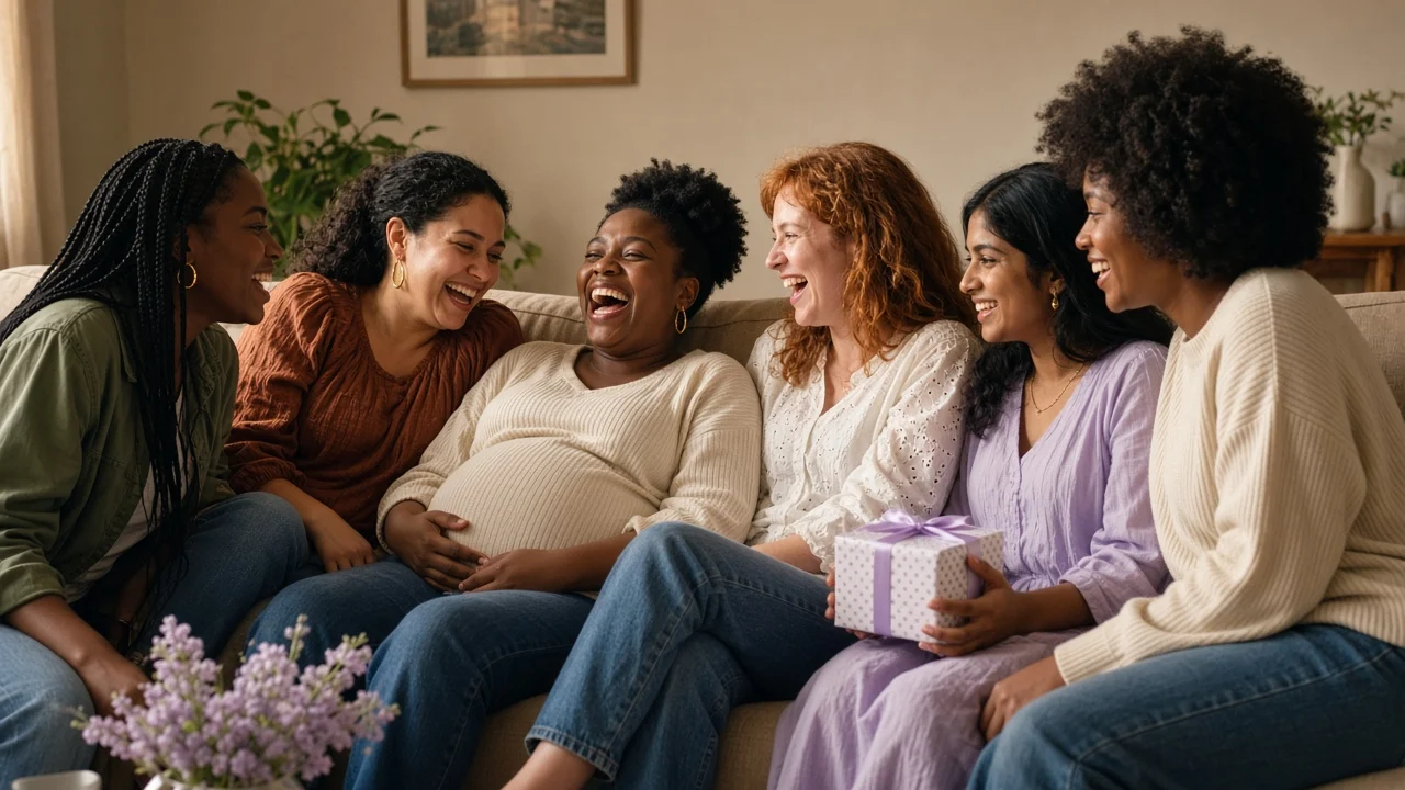 A joyful pregnant woman surrounded by her laughing village of friends